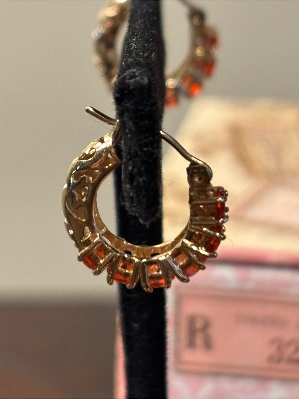 14K Gold and Orange Garnet Half Hoop Earrings - Picture 3 of 6